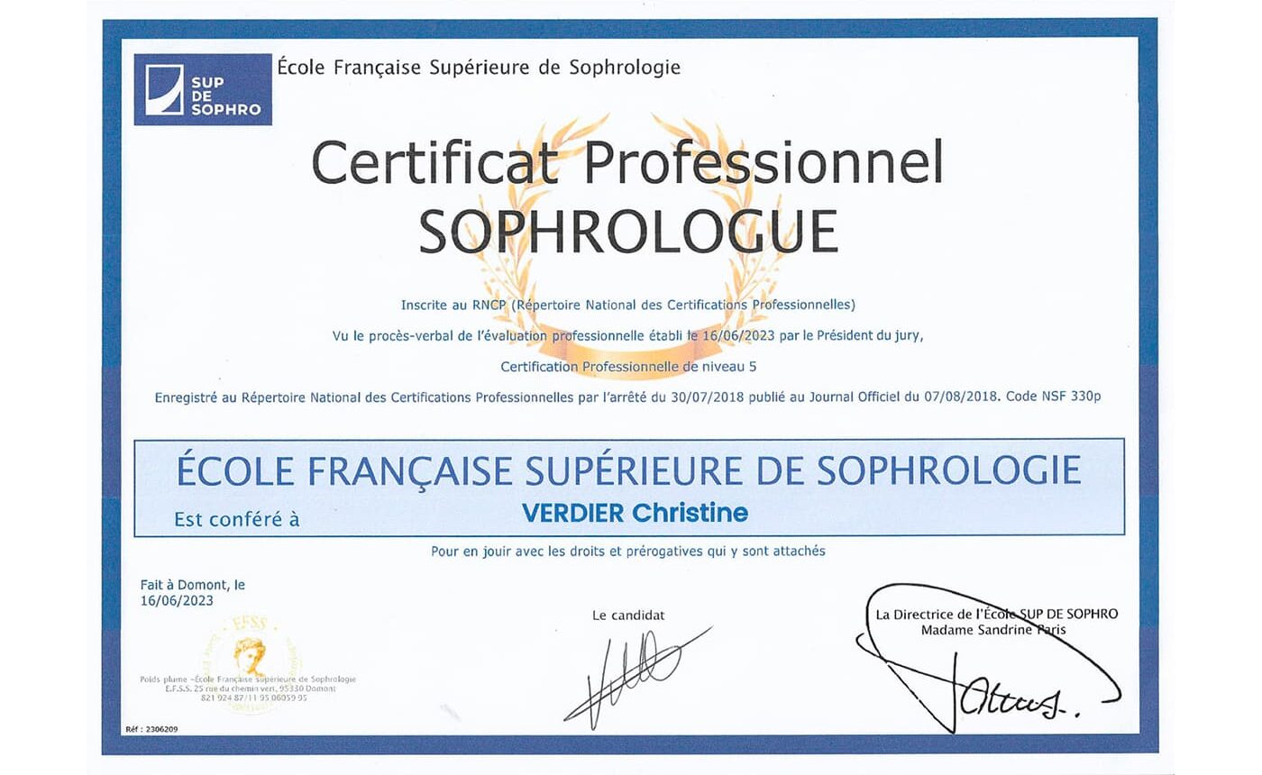 Diplôme certifié de sophrologie - Compétence en gestion du stress et relaxation